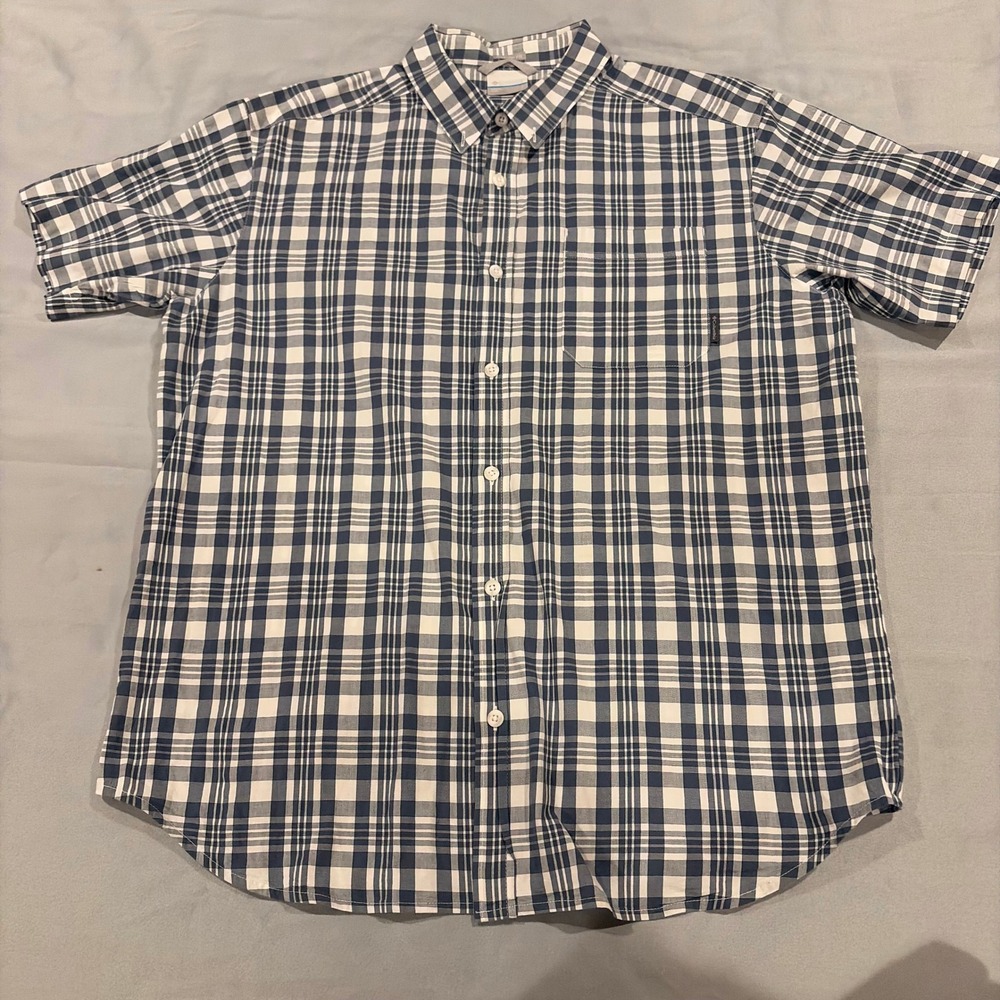 Columbia Mens Blue White Plaid Shirt Large Hiking Outdoors Fishing Casual Button